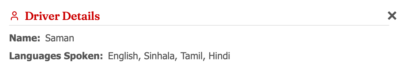 A Voyagees driver profile showing the languages the driver speaks